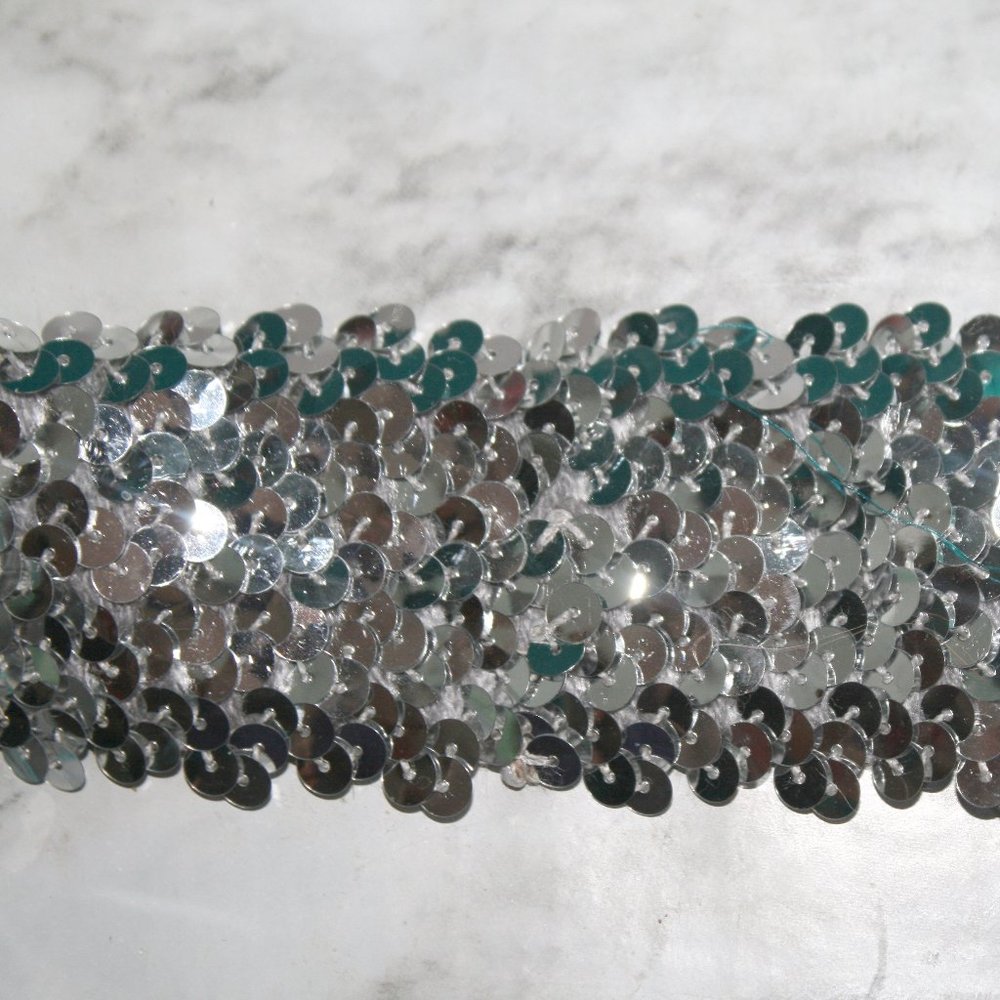 SEQUIN TRIM #425 - Silver Stretch Metallic Costume Party - 2" Wide 4 Yards